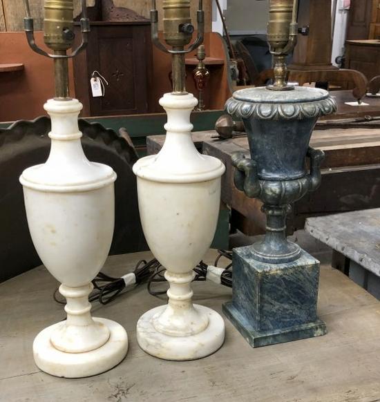 (3) estate marble urn shaped table lamps, including a pair of white, and a single green marble urn (1 of 4)