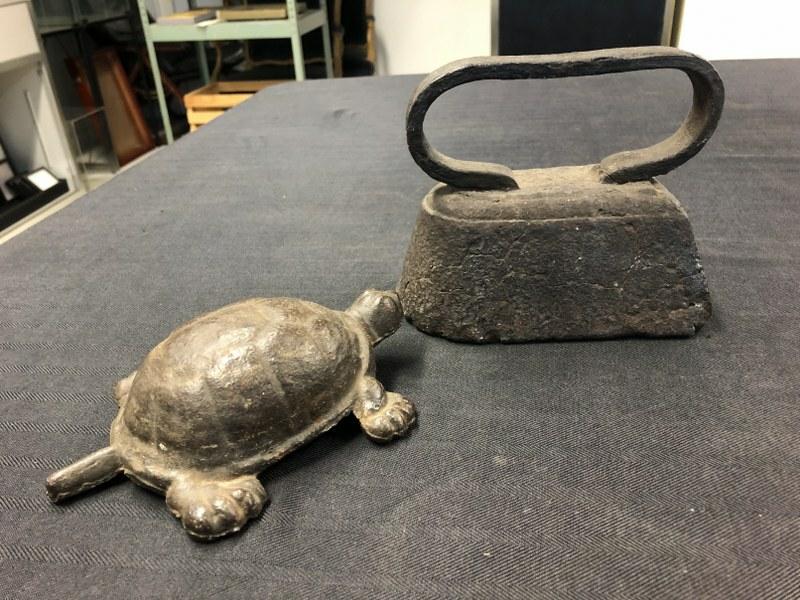 Old cast iron turtle & sad iron, both used as doorstops in old Hudson Valley country home, turtle (1 of 4)