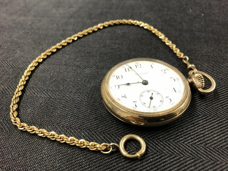 Open face WALTHAM gold filled pocket watch with gold filled chain, it's running. From local estate. (1 of 3)