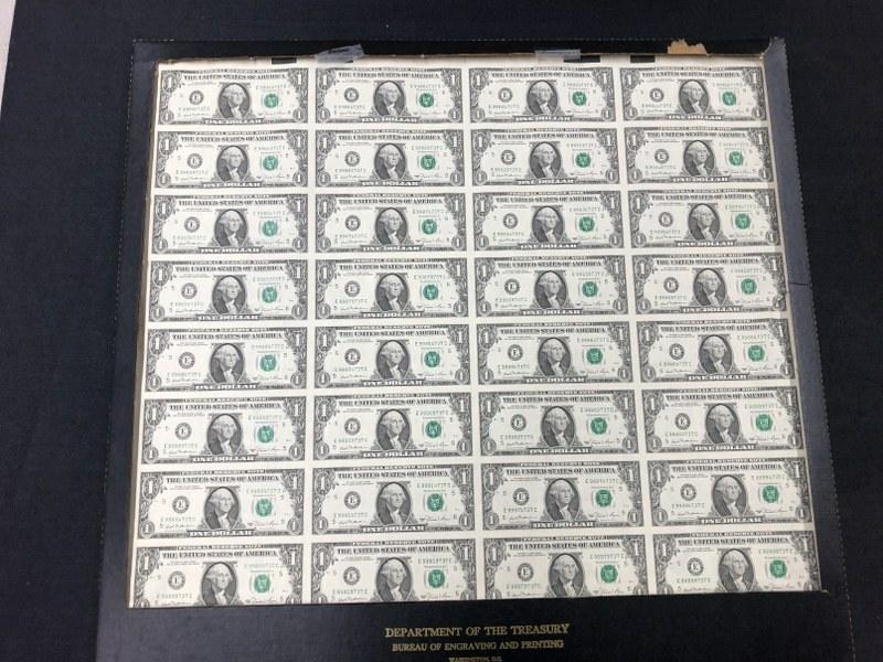 Uncut sheet of (32) 1981 one dollar bills- ( one has tear on bottom left corner ) (1 of 1)