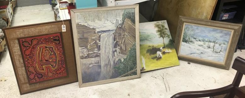 (4) pc. Estate art lot- 3 oil paintings & hand embrodered textile framed. From New Paltz, N.Y. (1 of 4)