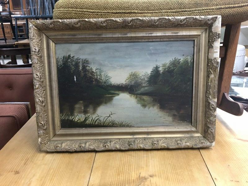 Circa 1900 o/b landscape with water in foreground, unsigned, painting measures 10" x 15", as found (1 of 1)
