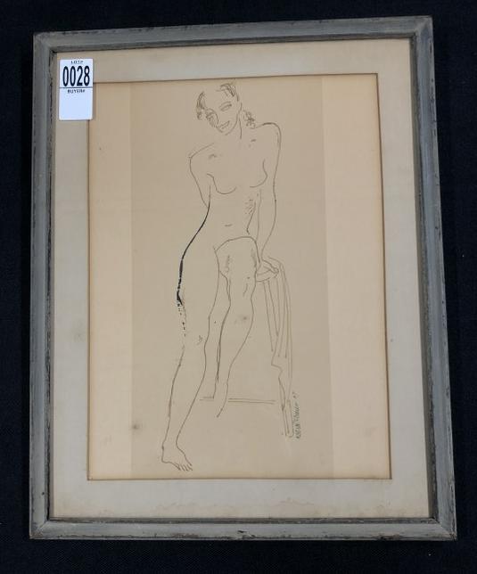 Konrad Cramer (1888-1963 ) sepia ink drawing titled ( Seated Nude ), 6" x 11.5", signed lower right.: Konrad Cramer (1888-1963 ) sepia ink drawing titled ( Seated Nude ), 6" x 11.5", signed lower right. Dated 1949. From NYC weekend home in Hudson Valley, sold the home, moving back to NYC, most of thei