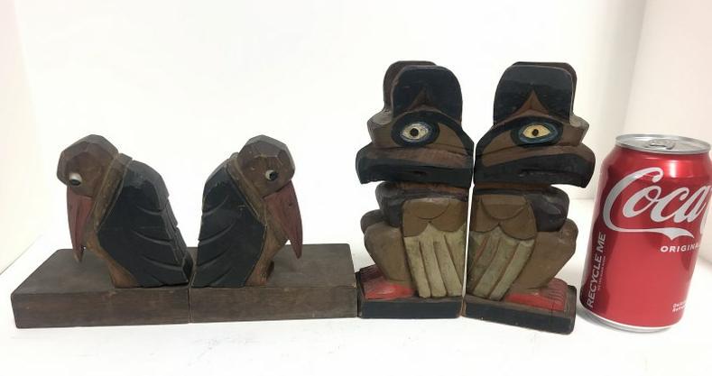 (2) pair folk art carved bookends, unsure of origin, unmarked, tall pair measures 6.75" high. Nice (1 of 3)