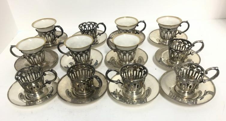 Sterling Silver - lot of (12) demitasse cups, saucers (only (6) LENOX inserts found ). Total (1 of 6)