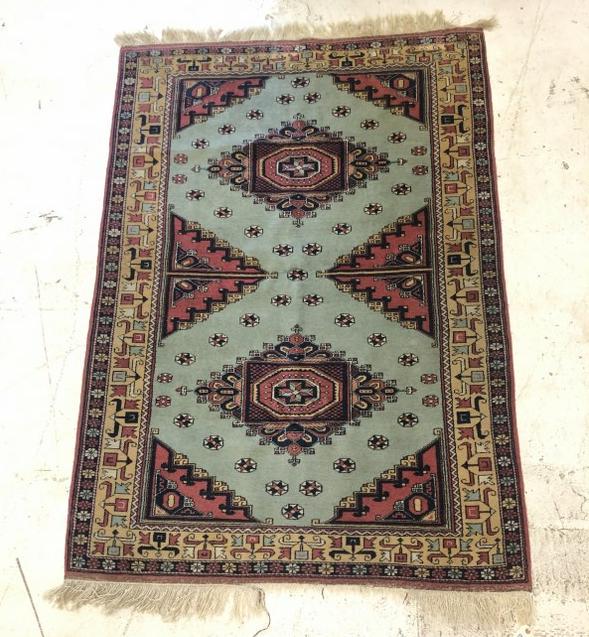 Handmade estate oriental wool carpet, nice overall condition & pattern. Measures 77" x 54". (1 of 2)