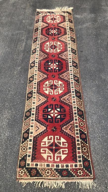 Estate handmade wool oriental runner, from Hudson Valley estate, nice condition. Measures 113" x (1 of 2)