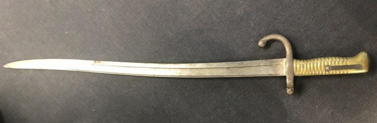 Older Military sword-bayonet, markings as pictured, ( 27 ) and a B & M each in circle, no sheath,: Older Military sword-bayonet, markings as pictured, ( 27 ) and a B & M each in circle, no sheath, brass handle, measures 27.5" long.
