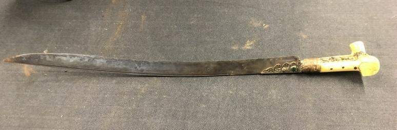 Older foreign sword-knife with bone (?) handle, marking on blade as pictured,measures 25.5" long, a: Older foreign sword-knife with bone (?) handle, marking on blade as pictured,measures 25.5" long, a few stones mising from handle as pictured. Unsure of origin, from old estate in Hudson Valley.