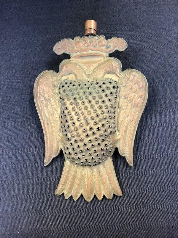 Early brass (nutmeg grater ? ) double headed bird, back door opens, rests on feet, nice detail. (1 of 6)