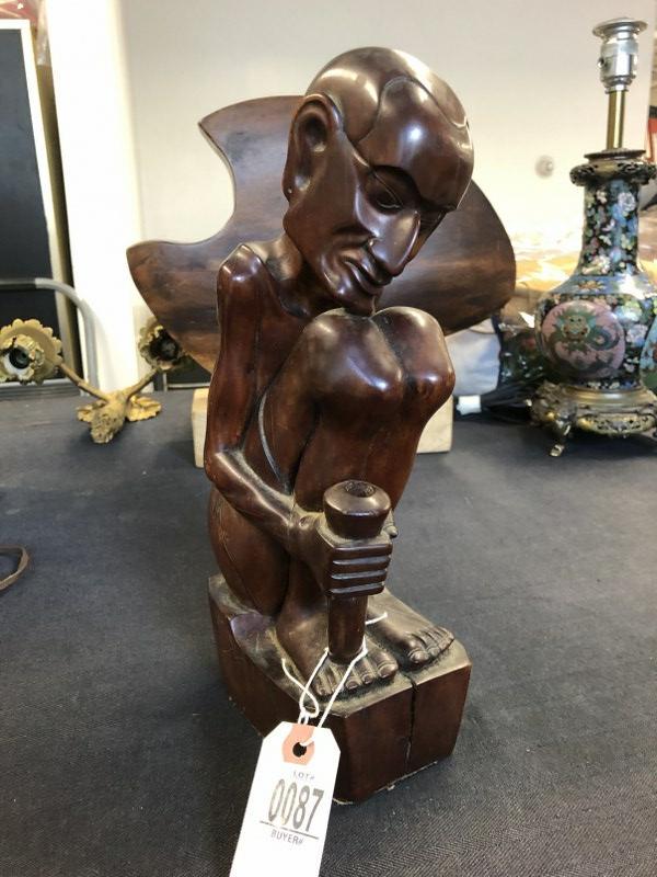 13" high carved man holding object in right hand, wonderful detail, showing spine & back bones, (1 of 6)