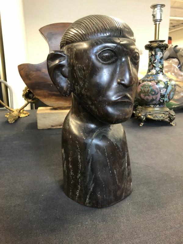12" high carved head, made of very hardwood, origin unknown, old patina, has old age crack, and some (1 of 5)