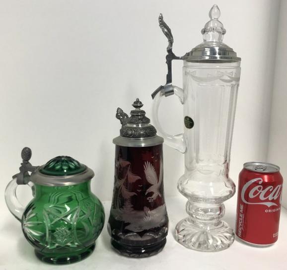 (3) etched glass steins, green to clear, cranberry to clear & clear. All in very nice condition, (1 of 6)