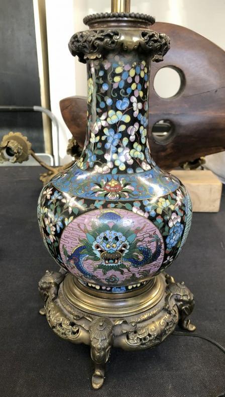 Beautiful cloisonne table lamp on nice brass base with elephants trunk as feet, measures 13.5" high (1 of 5)