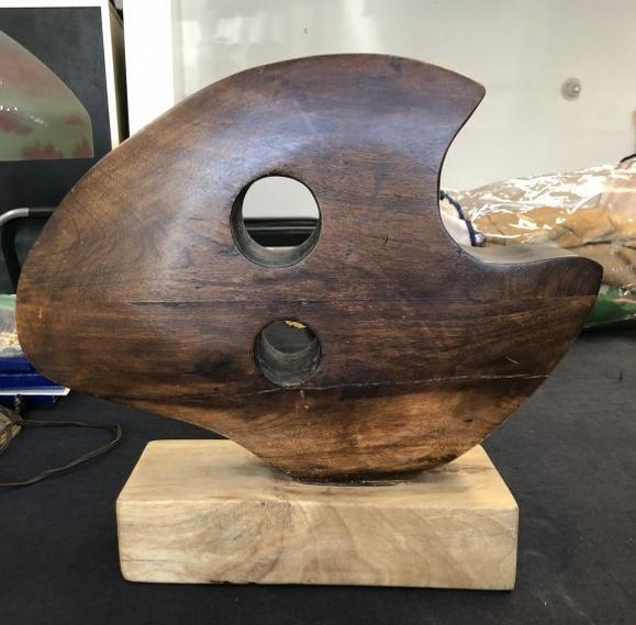 Mid Century abstract wood sculpture on wood base, looks like mahogany (?), unsigned, measures 15.5" (1 of 3)
