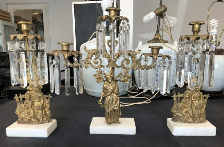 (3) pc. Brass Girondola set on white marble bases, prisms intact, from fine Catskill, N.Y. home, (1 of 5)