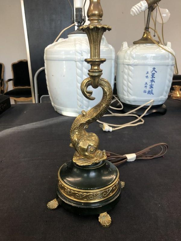 Decorative brass figural dolphin lamp base, from fine Catskill, N.Y. estate, nice condition, (1 of 5)