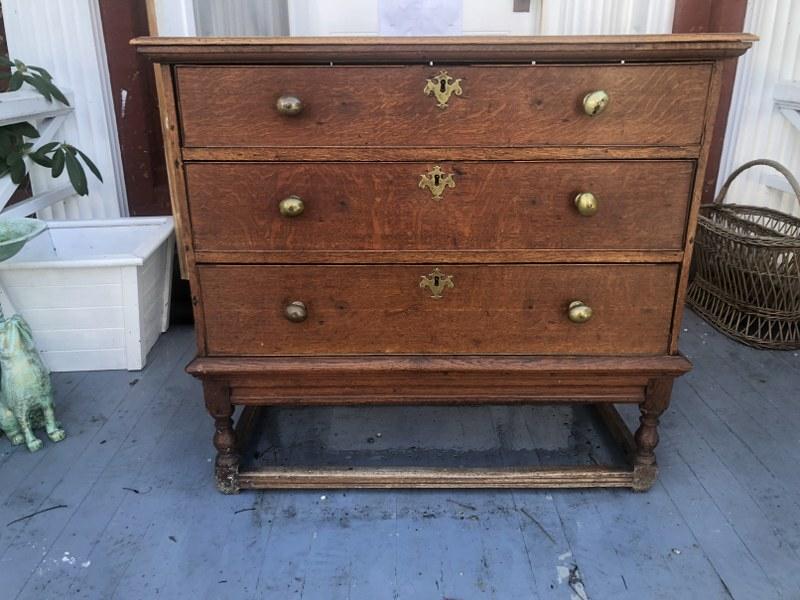 19th century 3 drawer oak dresser on separate base, original brass knobs & key holes, from fine (1 of 3)