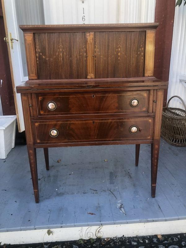 Wonderful early mahogany inlaid tambour desk, with full interior, porcelain placques on drawer (1 of 9)