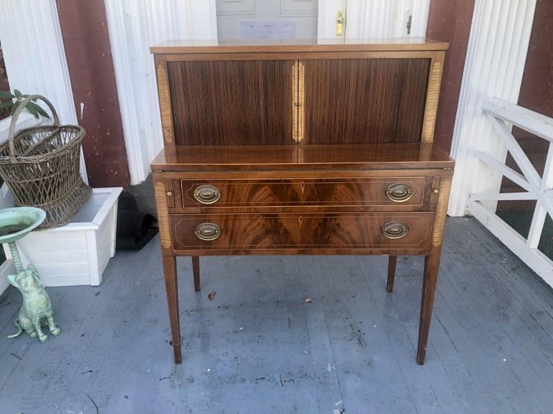 Wonderful estate mahogany early inlaid tambour desk with full interior. Slides pull out, for writing (1 of 4)