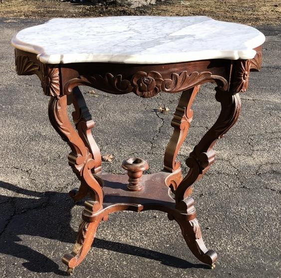 Rosewood & walnut Victorian marble top carved table, from Hudson Valley estate, structurally sound, (1 of 5)