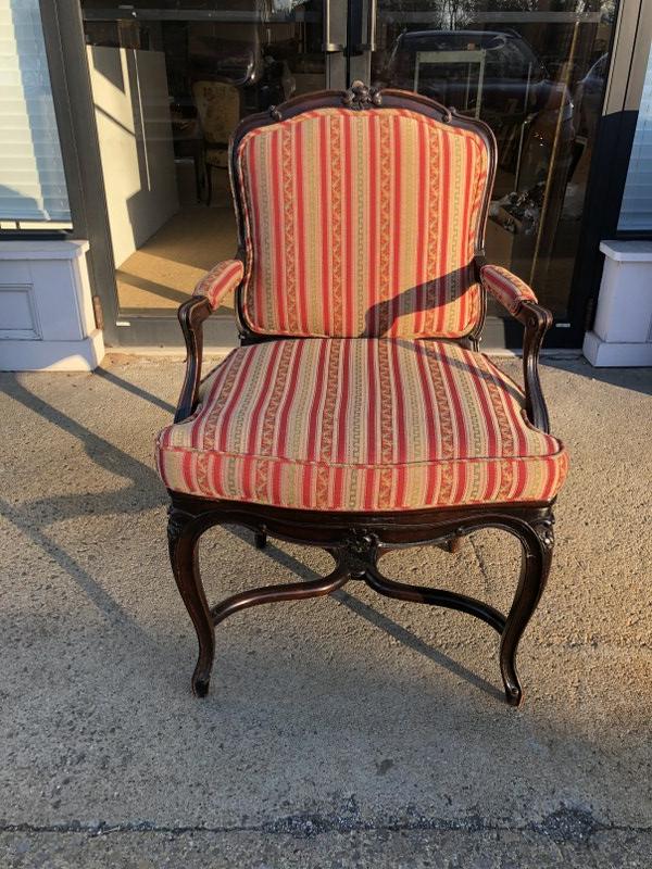 Nice older French style armchair with carvings, caned seat intact under cushion, from fine estate,: Nice older French style armchair with carvings, caned seat intact under cushion, from fine estate, structurally sound, decorative fabric is nice, non smoking homeâ€¦.Measures approx.24" across the