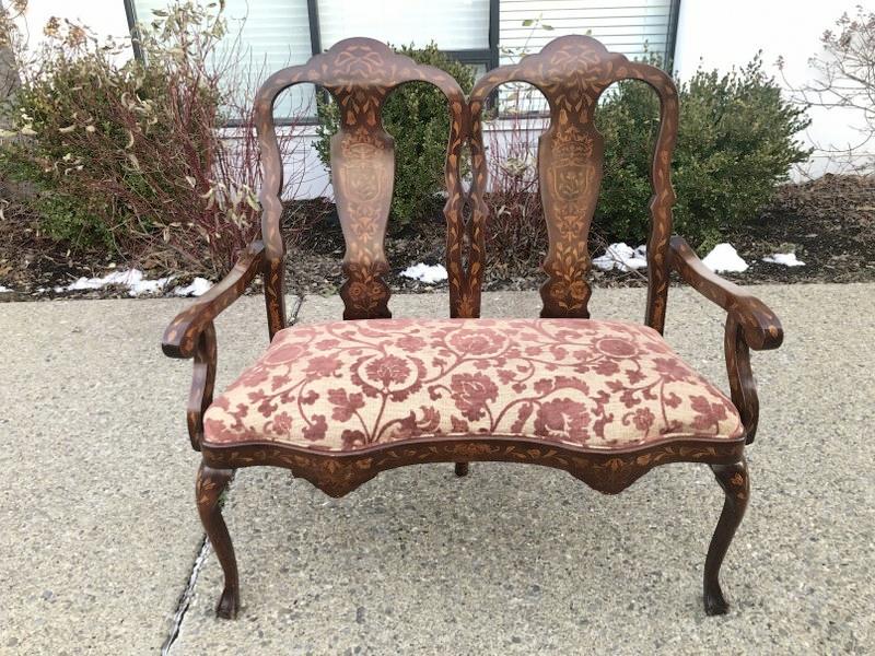 Wonderful 19th c Dutch marquetry loveseat, with later upholstered seat, inlaid front and back,: Wonderful 19th c Dutch marquetry loveseat, with later upholstered seat, inlaid front and back, finely done. From fine non smoking Hudson Valley home, measures approx. 42" wide x 21" deep x 44" high.