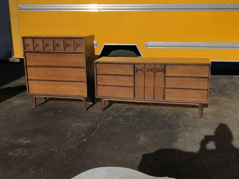 (2) pcs. Mid Century dressers, nice form, walnut, the top on long dresser has older stains, both (1 of 3)