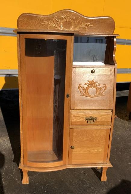 Non antique oak larkin style desk, curved glass door, drop down desk. Structurally sound, measures (1 of 1)