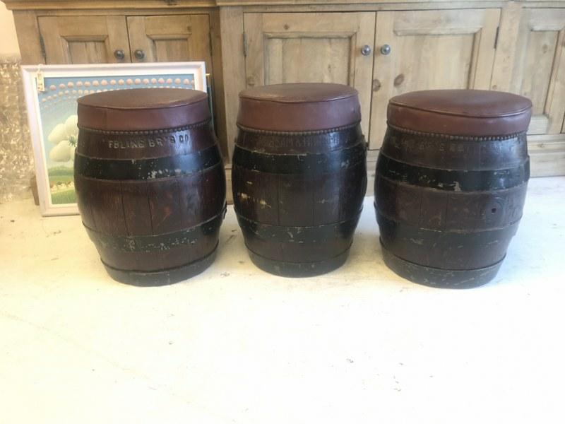 (3) old NYC beer barrel stools, all marked with makers name enbossed in barrels, Brooklyn, etc. (1 of 9)