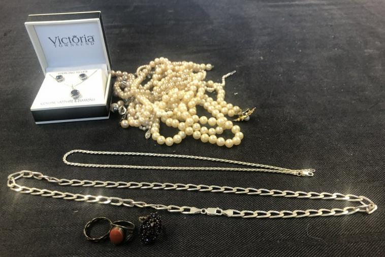 Misc. estate lot jewelry incl. 2 sterling chains, 3 sterling rings, sterling saphire & diamond set (1 of 6)
