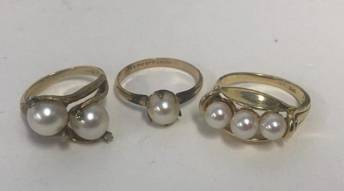(3) 14K estate rings with pearls, from Ossining, N.Y. estate (1) with diamond chips, total weight is (1 of 3)