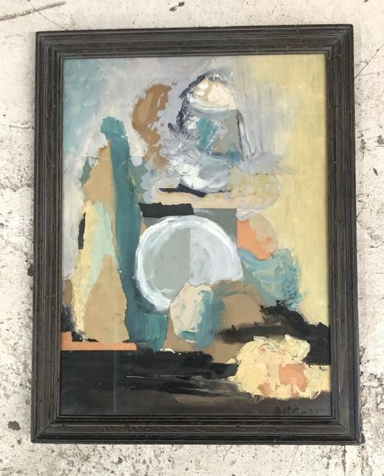 Alison Webb abstract collage, measures 24" x 18", signed lower right. In oak frame with grayish (1 of 3)