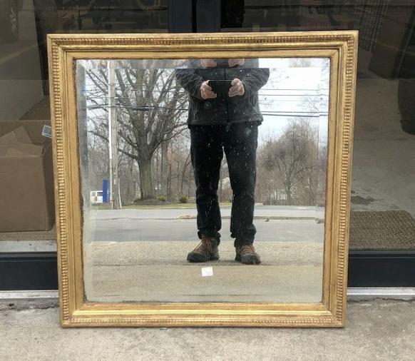 Wonderful early gilt beveled mirror, great patina, board back, measures 33" x 33", from fine Hudson, (1 of 4)