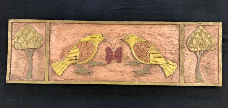 Folk art carved sign with birds, butterfly & trees, original paint, found hanging in Woodstock, N.Y. (1 of 1)