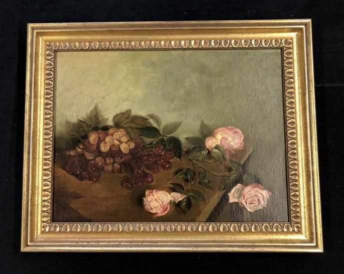 19th c o/b still life with roses & grapes, signed lower right ( F. Schuldt 1897 ). From Woodstock, (1 of 3)