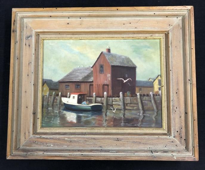 Bunny Hammer circa 1940's o/c seascape with boat docked, buildings in background. In nice older (1 of 4)