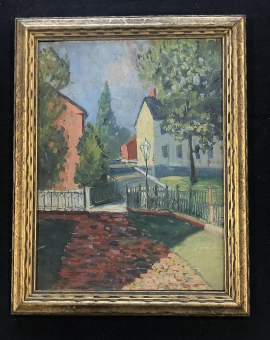 Circa 1940's o/b landscape with houses (unsigned ) with male portrait on reverse, paintings measure (1 of 2)