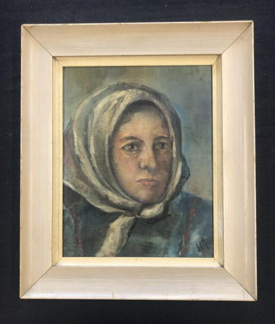 Circa 1940's o/b woman wearing white scarf, signed illegibly as pictured ( look like it starts with: Circa 1940's o/b woman wearing white scarf, signed illegibly as pictured ( look like it starts with a (W) ), on reverse is an impressionist landscape. Paintings measure 14" x 11", frame measures 18.5"