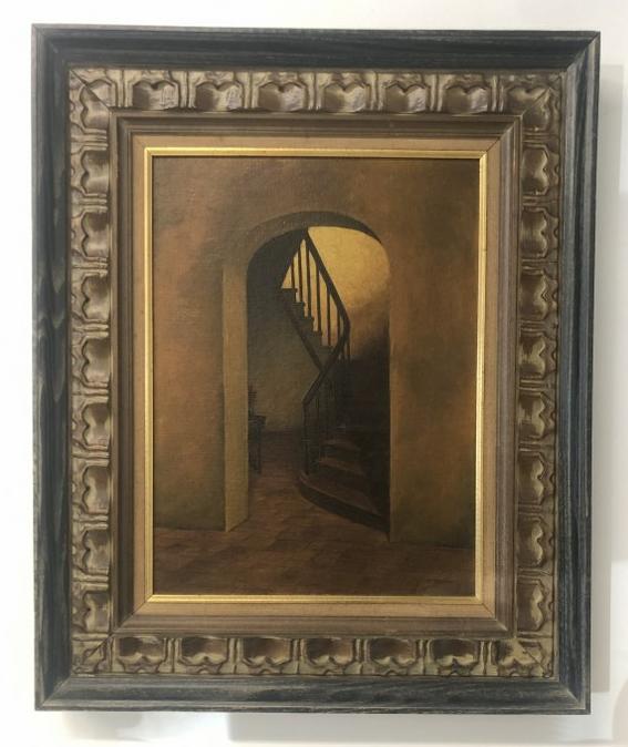 Circa 1940's o/b stairwell interior signed ( D. Schaeffer ) lower right, painting measures 16" x (1 of 3)