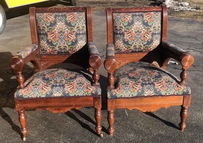 Wonderful pair late 19th c mahogany Eastlake carved armchairs, with great form, structurally sound, (1 of 5)