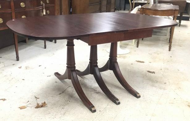 1930's mahogany drop leaf dining table, with (4) leaves, from fine Hudson Valley home. Pictured with (1 of 4)