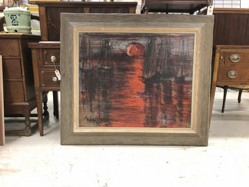 Nahum Tschacbasov (1899-1984) impressionist seascape o/b dated 1950, sailboats with large sun (1 of 4)