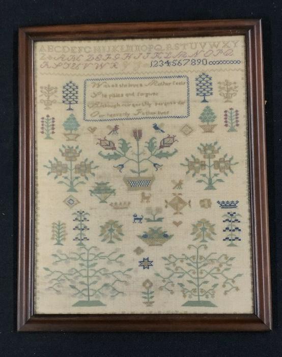 !9th c estate sampler from Hudson Valley estate, not signed, in later frame. Sampler measures 16" x: !9th c estate sampler from Hudson Valley estate, not signed, in later frame. Sampler measures 16" x 12". Saying in center as pictured.