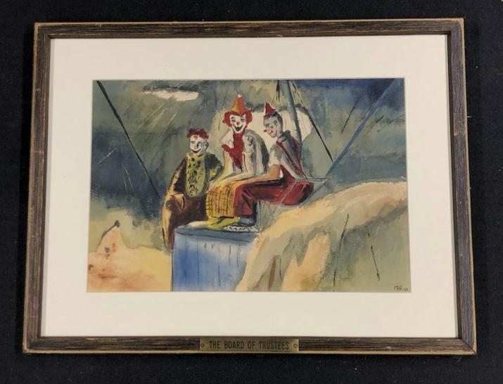 Mid Century watercolor of (3) clowns, seated inside tent, initialed lower right ( MHD 1955 ), with: Mid Century watercolor of (3) clowns, seated inside tent, initialed lower right ( MHD 1955 ), with placque on frame that reads ( THE BOARD OF TRUSTEES ). Watercolor measures 9.5" x 13.5", frame measur