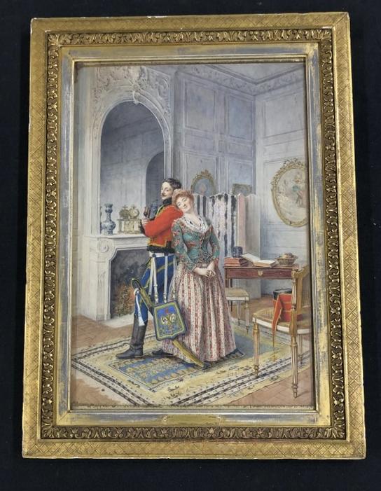 Gustave Bourgain (1855-1921 France ) watercolor gentleman in uniform with woman in grand room, (1 of 6)