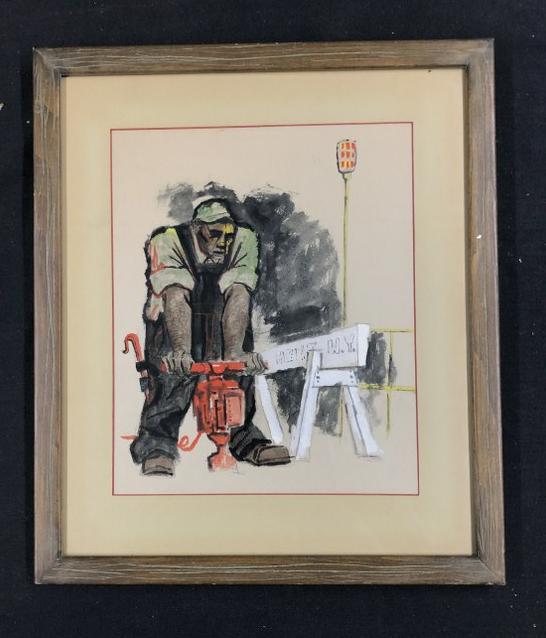 Wonderful gouache of burly man using a jackhammer, unsigned, possibly an illustration, nicely framed (1 of 3)