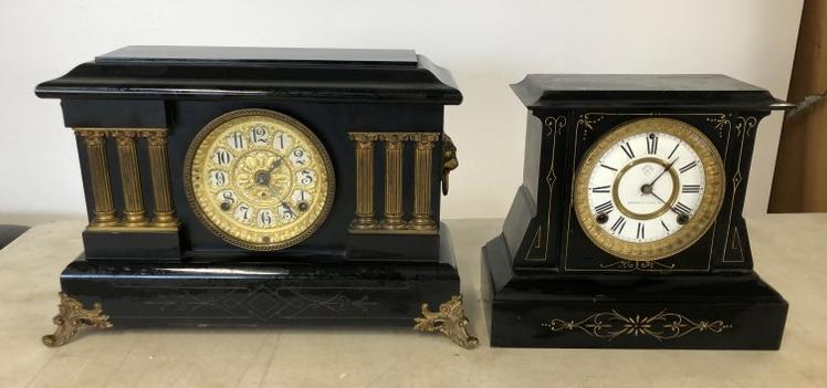 (2) estate mantel clocks including Ansonia decorative iron clock & Seth Thomas clock with decorative (1 of 4)