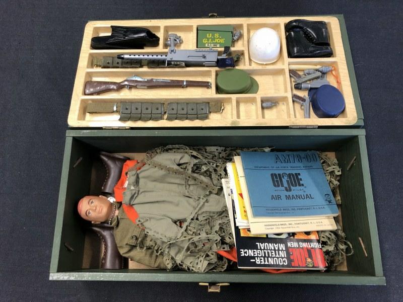 1964 G I Joe with footlocker, clothing, accessories & booklets as pictured. From local estate, well: 1964 G I Joe with footlocker, clothing, accessories & booklets as pictured. From local estate, well taken care ofâ€¦..