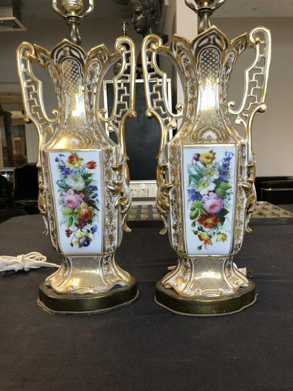 Pair 19th c old Paris porcelain lamps, nice estate condition, bases measure 18"high. From fine (1 of 3)